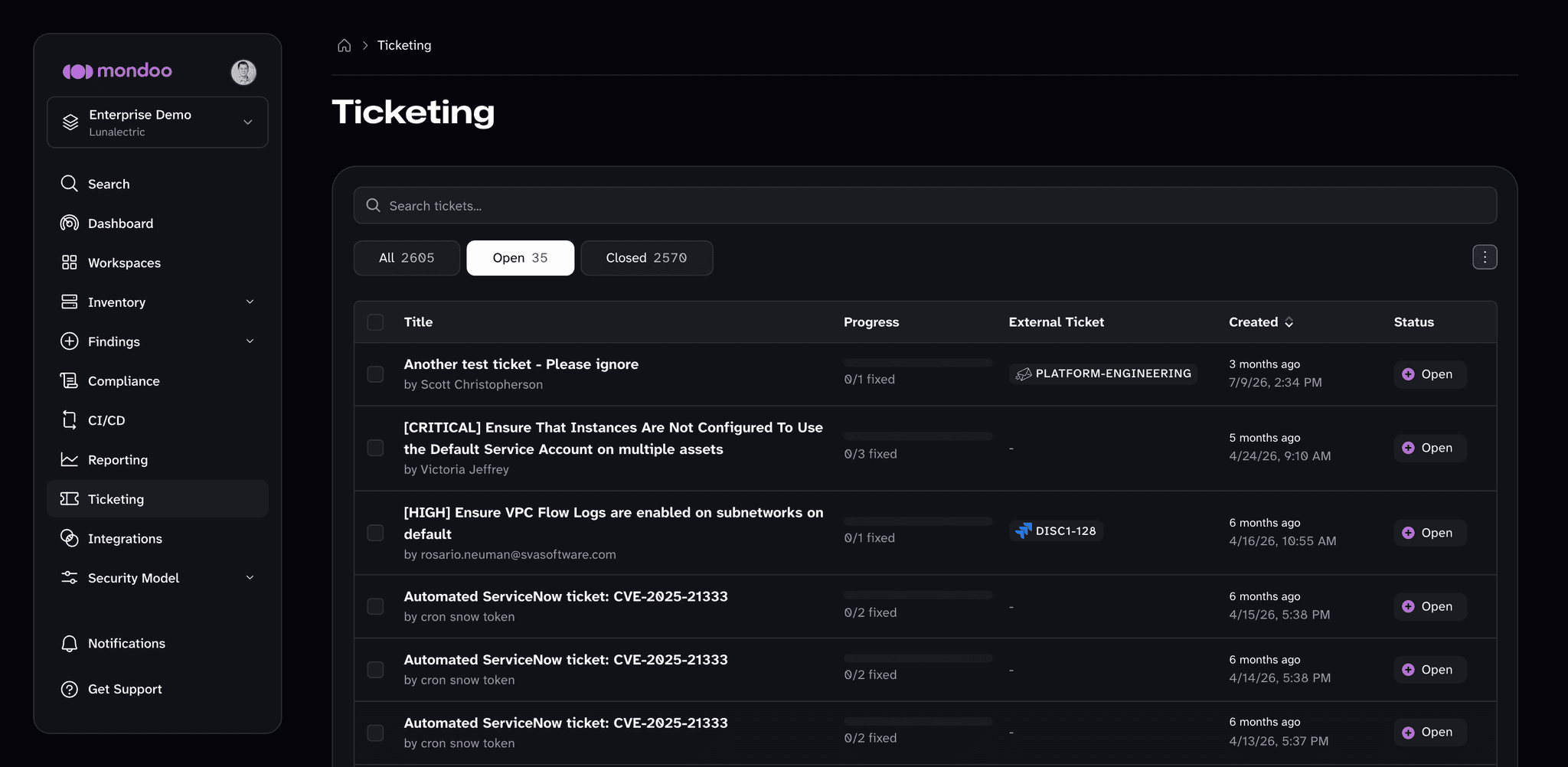 The Ticketing page in the Mondoo App lists open tickets with their progress, external ticket, created date, and status