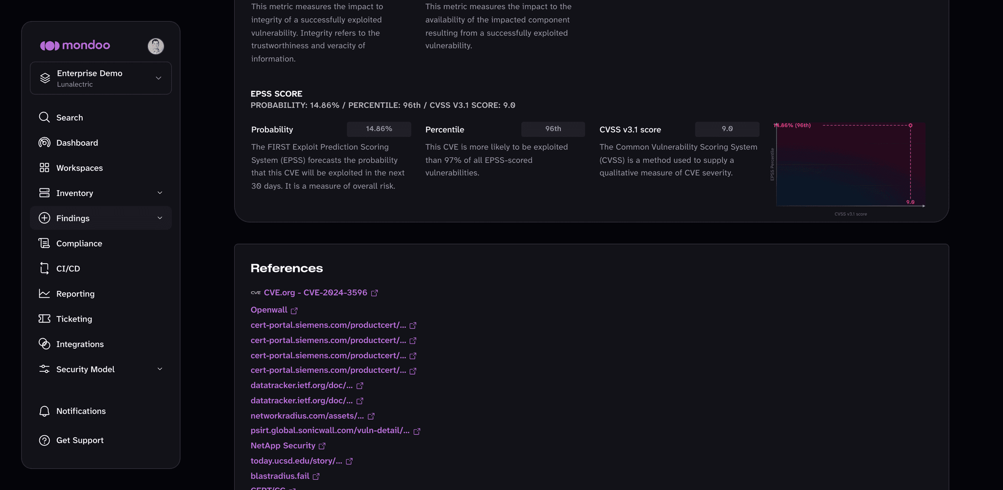 EPSS score details under Vulnerability Insights in the Mondoo App