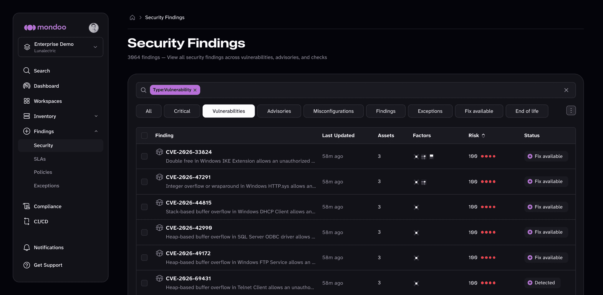 Security Findings filtered to vulnerabilities in the Mondoo App