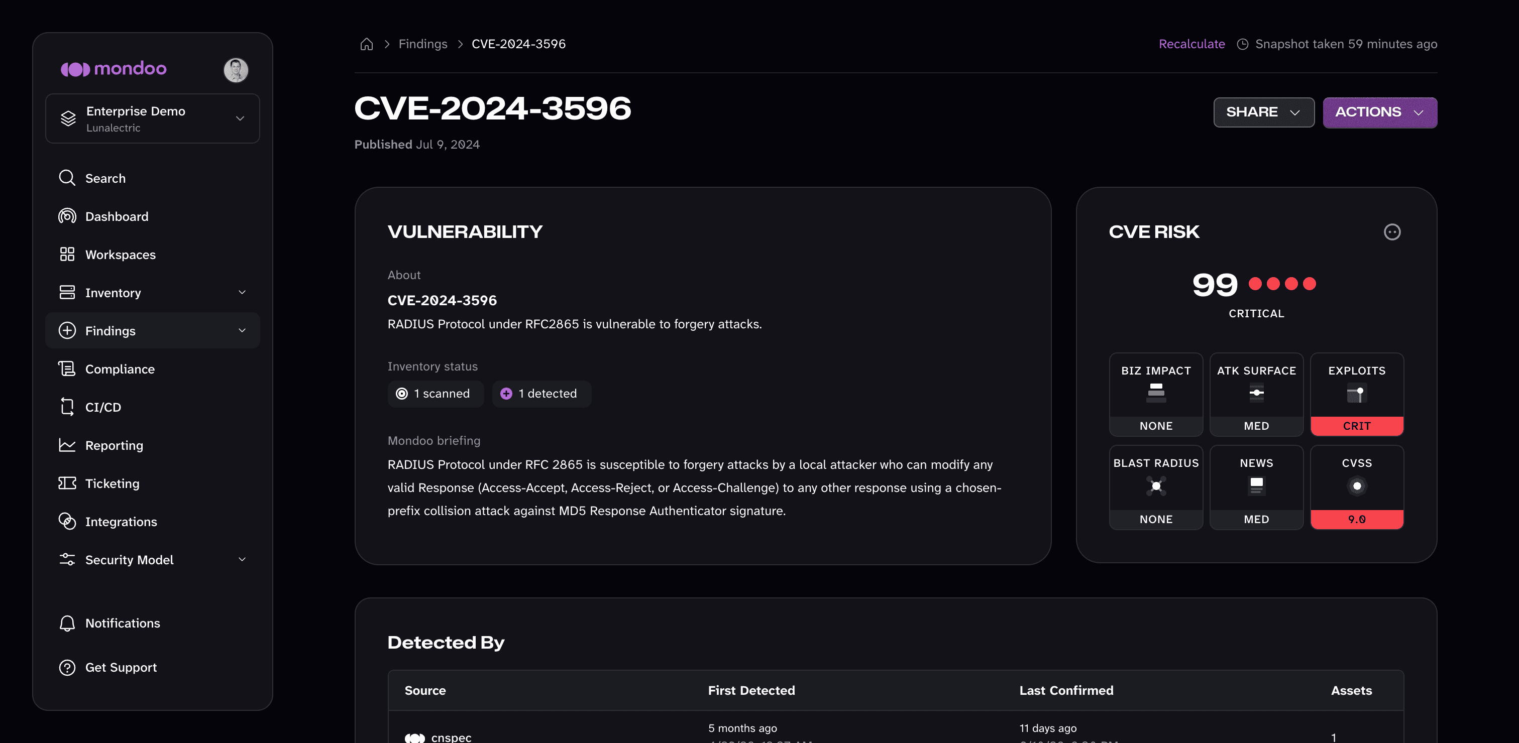 A CVE detail page with the CVE Risk card in the Mondoo App