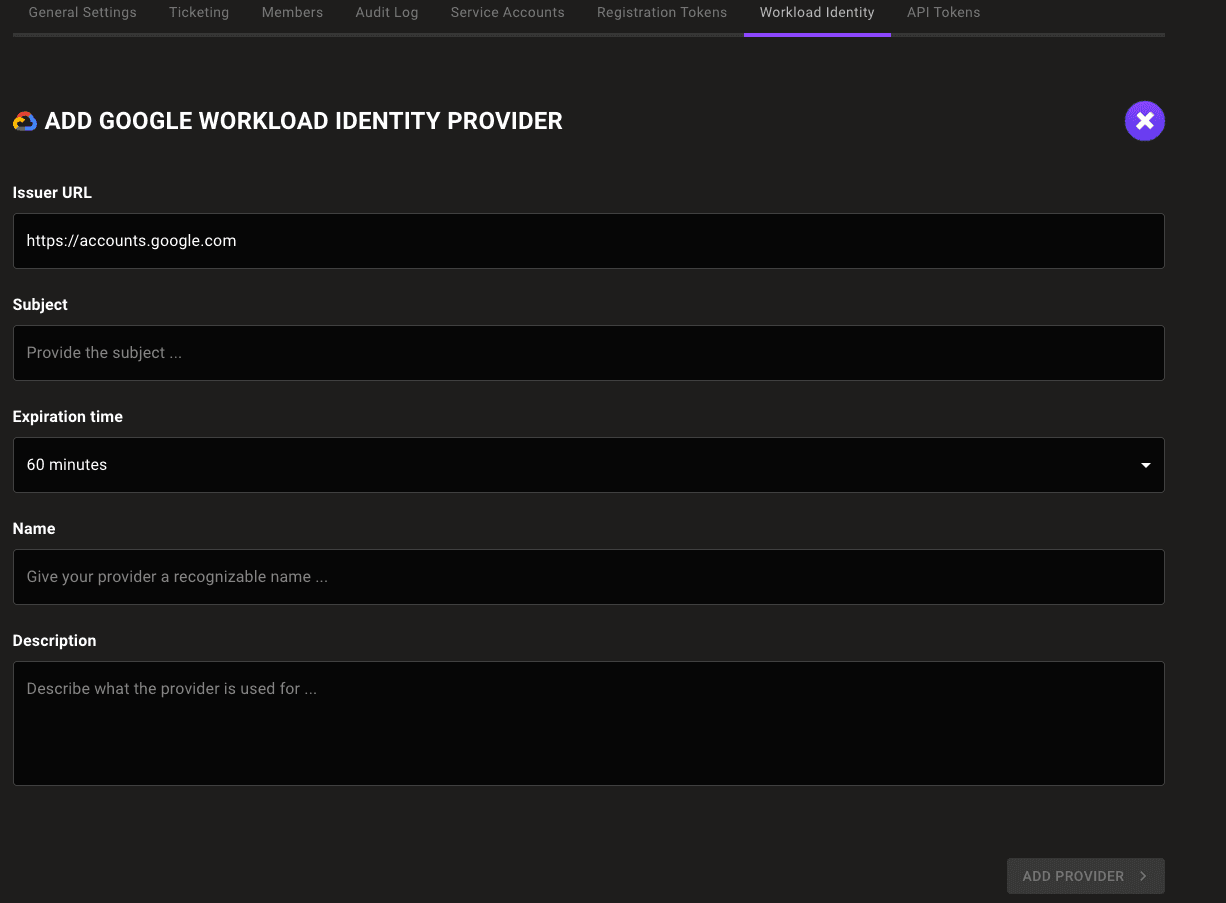 Settings - Workload Identity