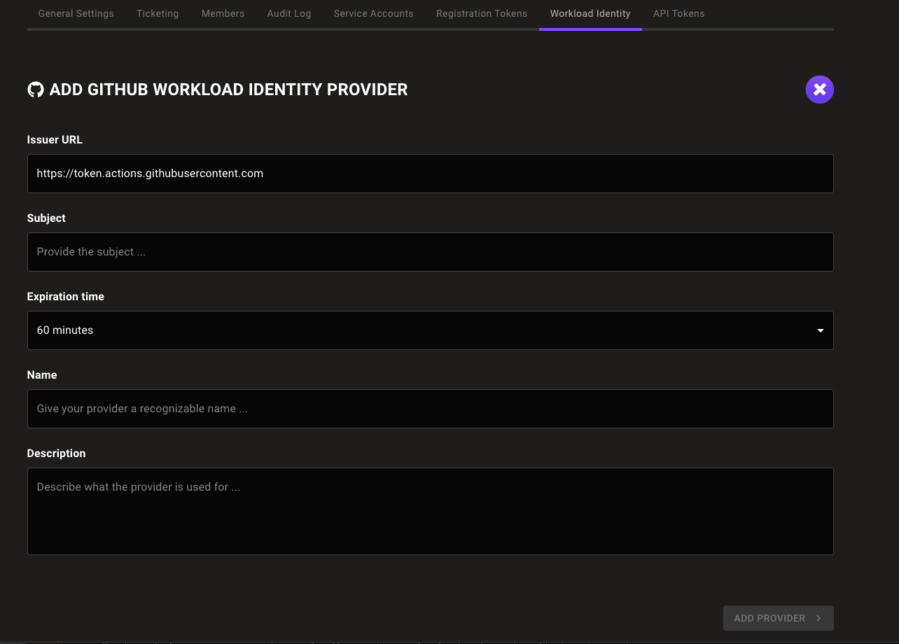 Settings - Workload Identity