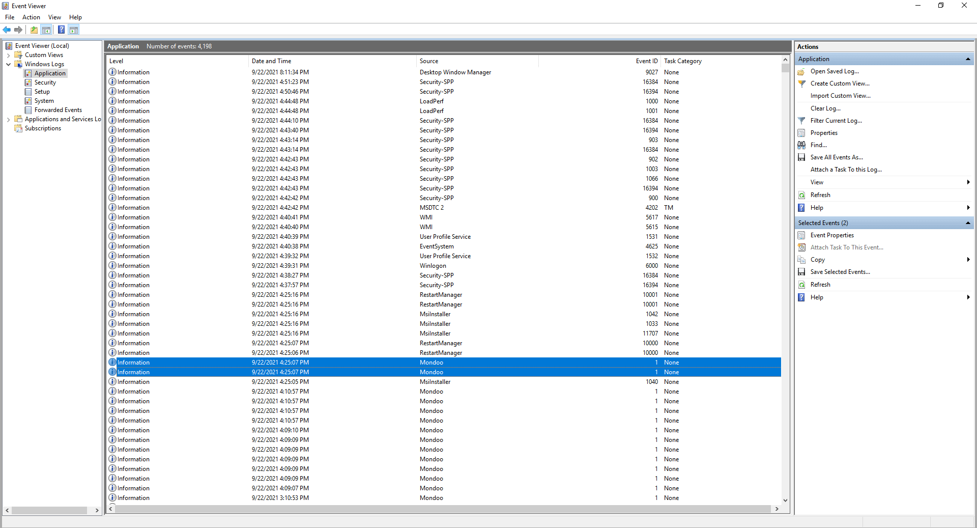 Windows Event Viewer showing Application logs
