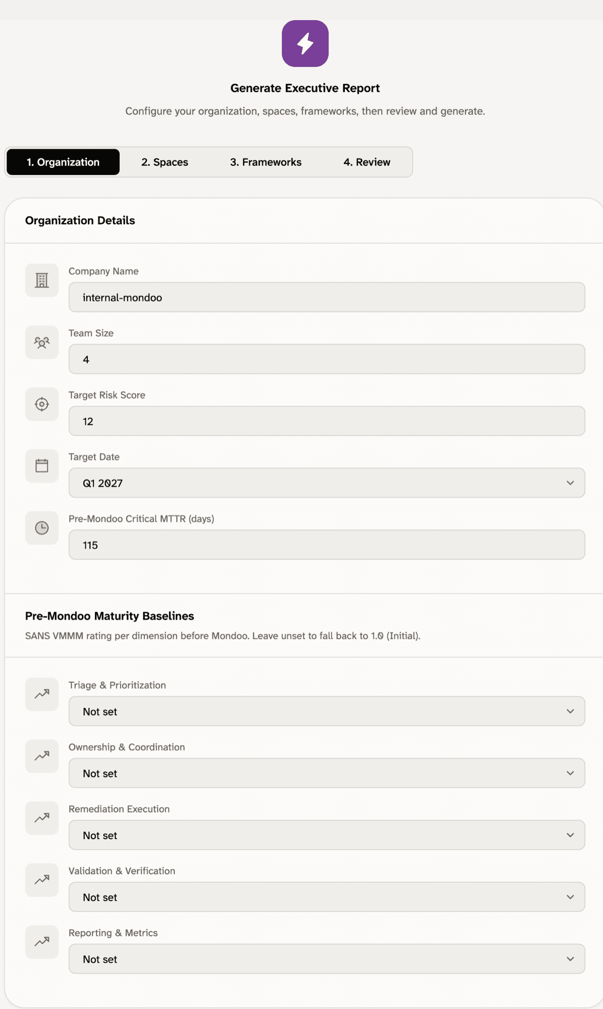 Wizard step 1 Organization with company name, team size, target risk score, target date, pre-Mondoo critical MTTR, and maturity baseline fields