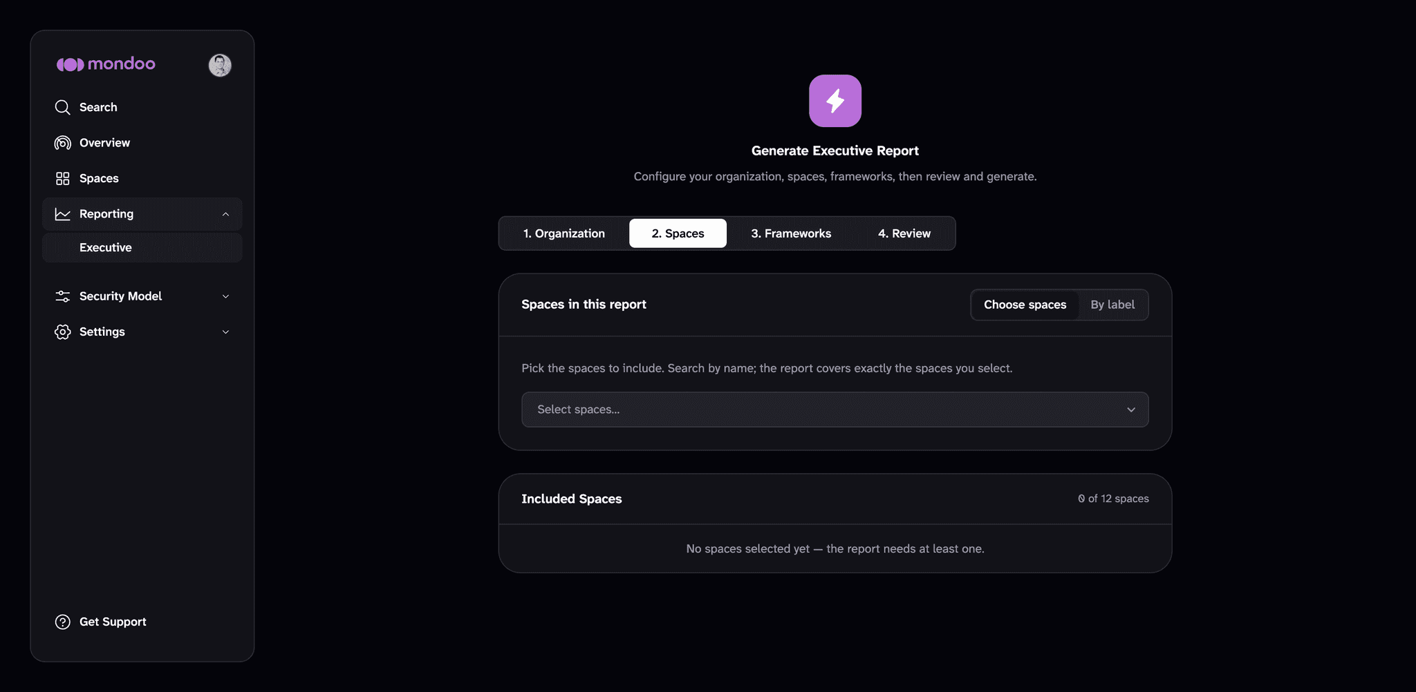 Wizard step 2 Spaces with the space picker and included-spaces list