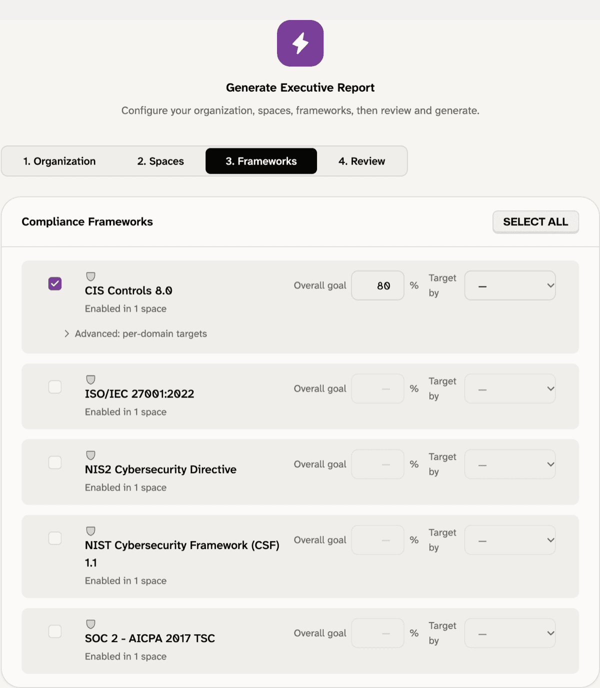 Wizard step 3 Compliance Frameworks with a list of frameworks and overall goal fields