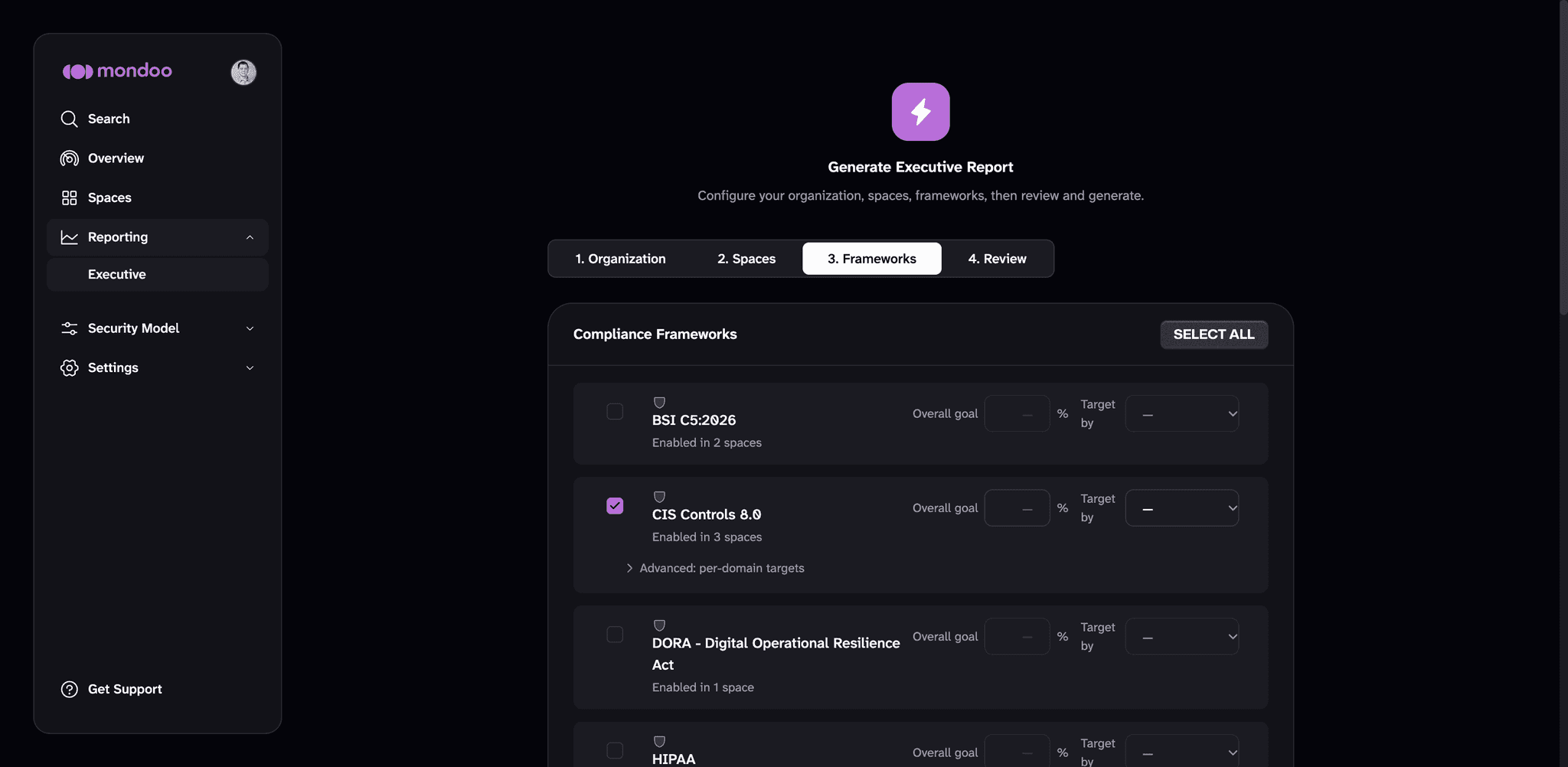Wizard step 3 Compliance Frameworks with a list of frameworks and overall goal fields
