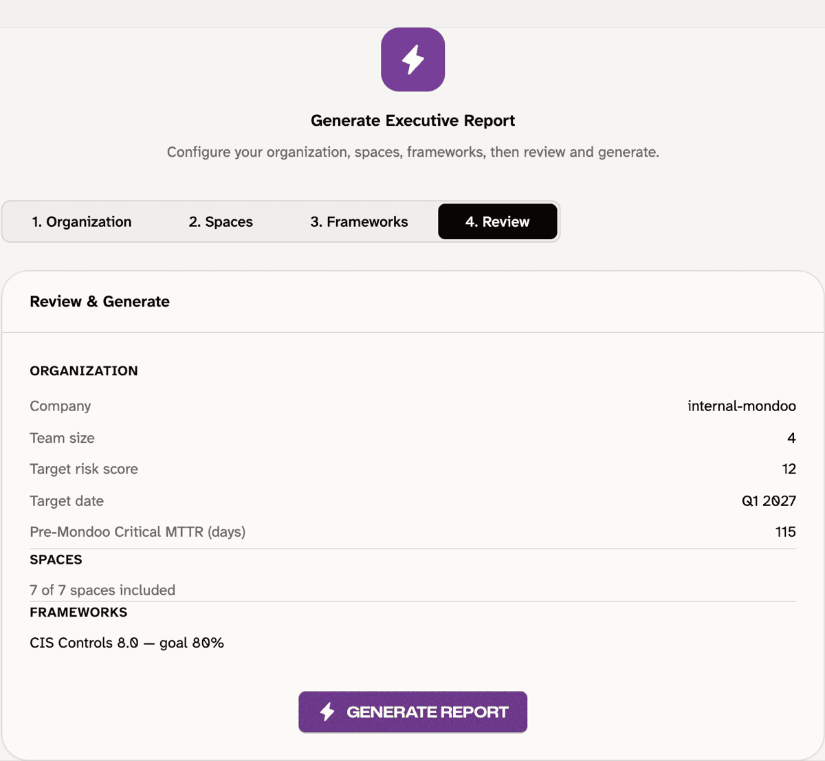 Wizard step 4 Review & Generate showing per-framework targets, expanded per-domain targets, and a Generate Report button