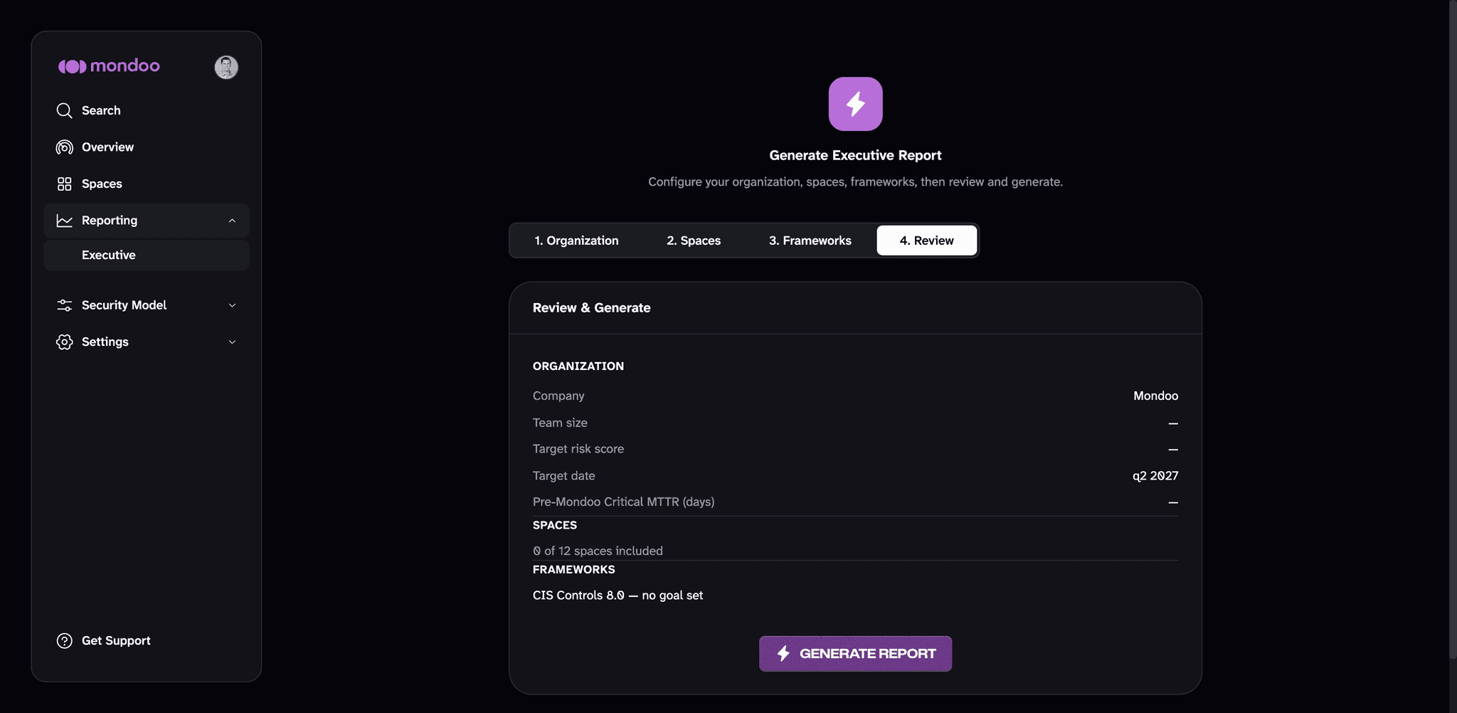 Wizard step 4 Review & Generate showing per-framework targets, expanded per-domain targets, and a Generate Report button