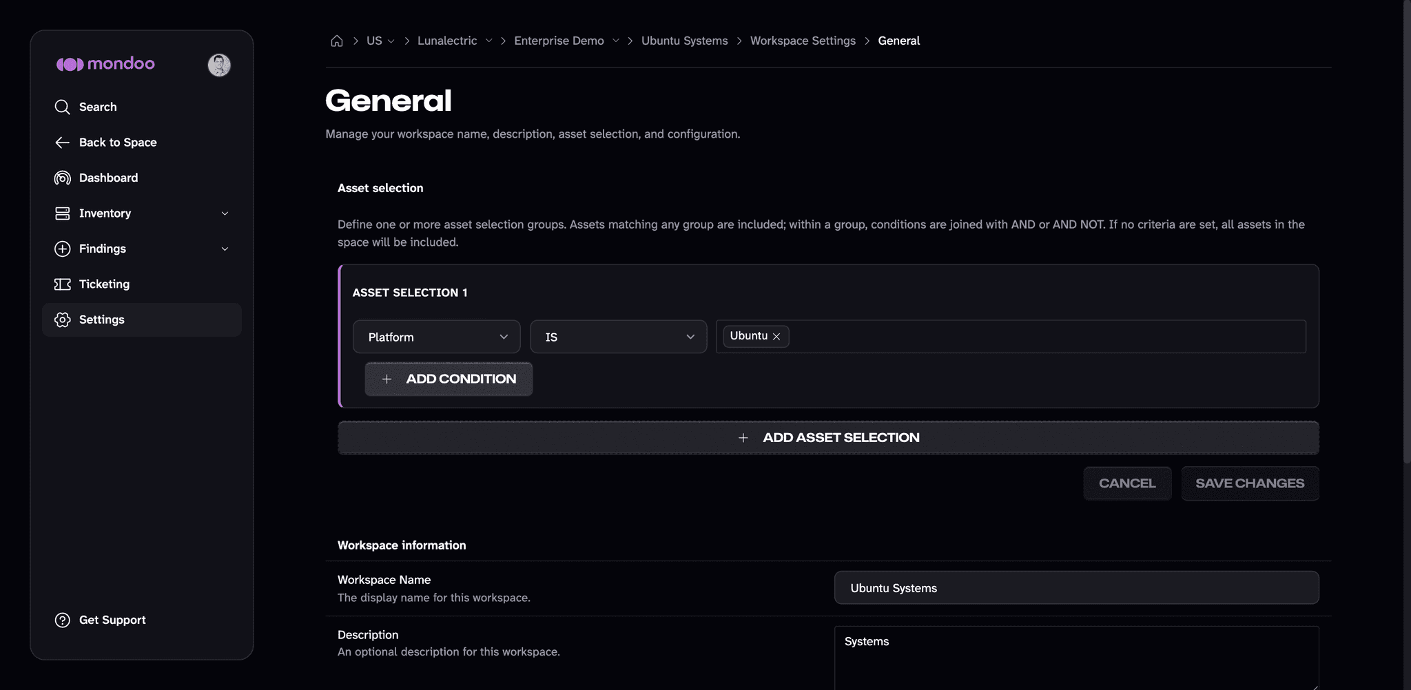 Mondoo workspace settings