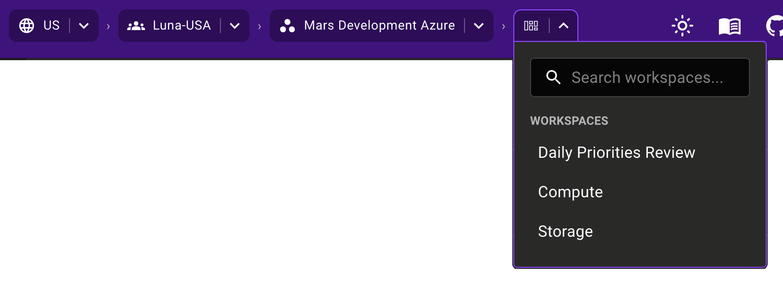 Mondoo workspace navigation drop-down