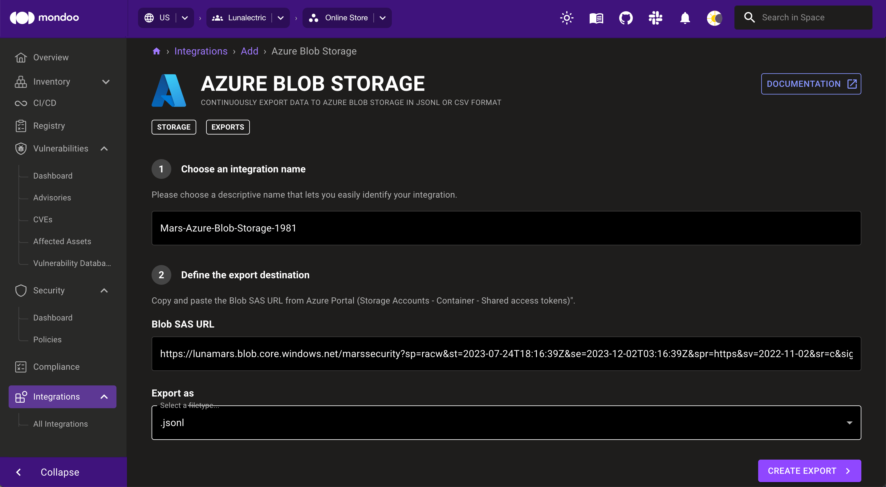 Add an Azure Blob Storage export integration in Mondoo