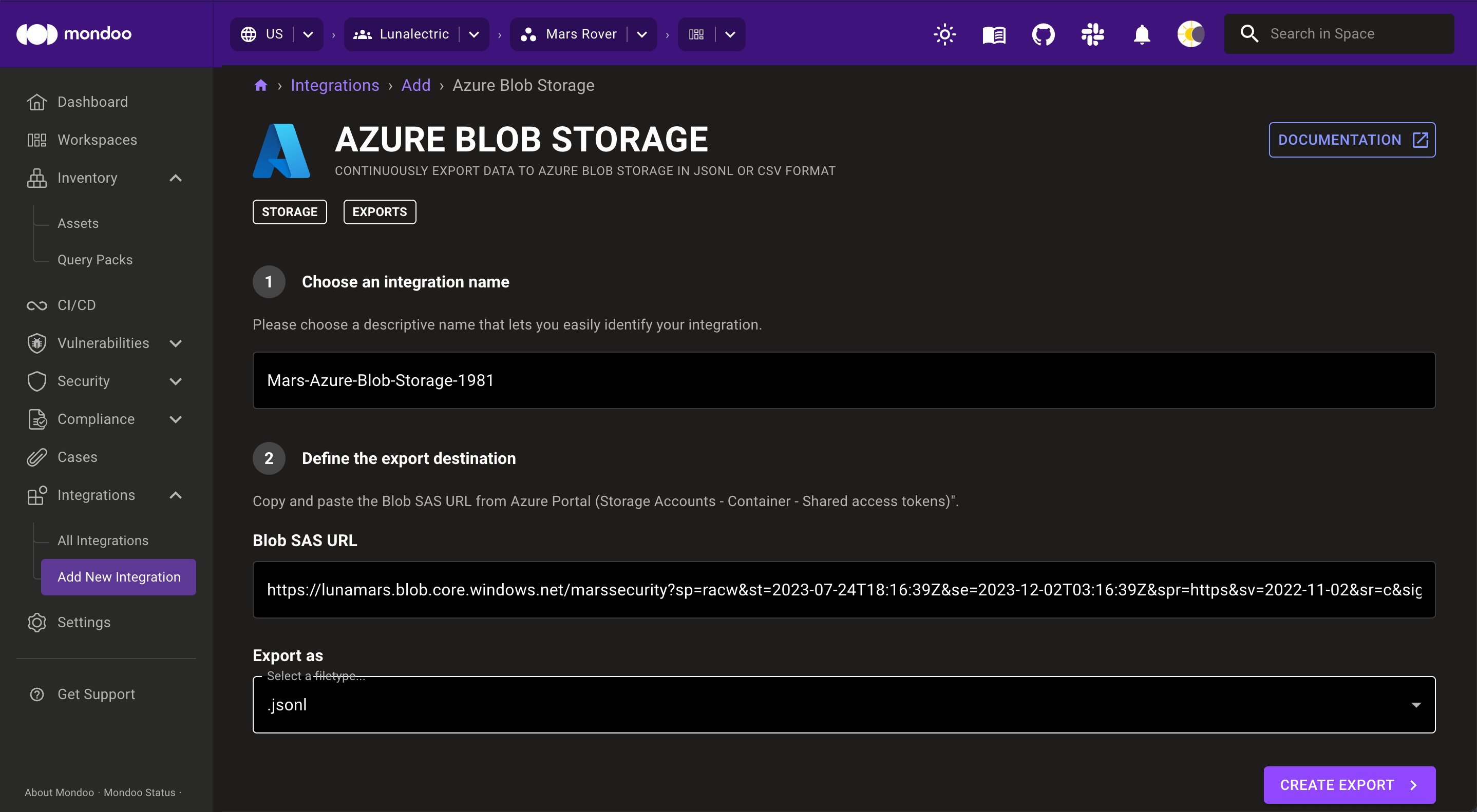 Add an Azure Blob Storage export integration in Mondoo