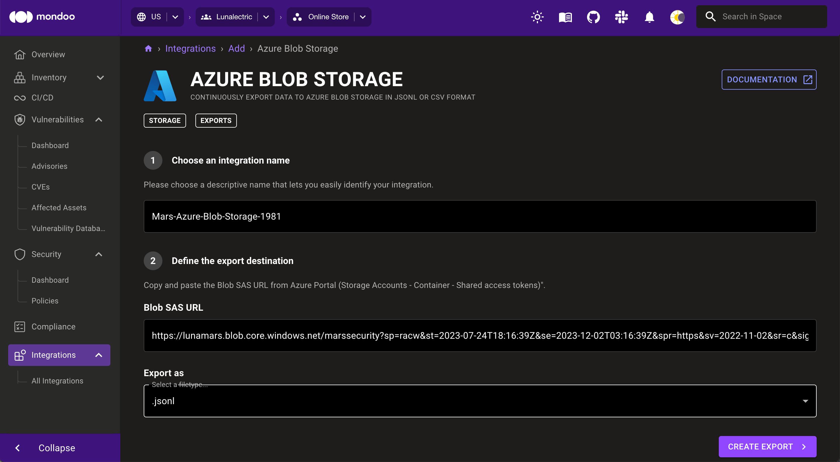 Add an Azure Blob Storage export integration in Mondoo