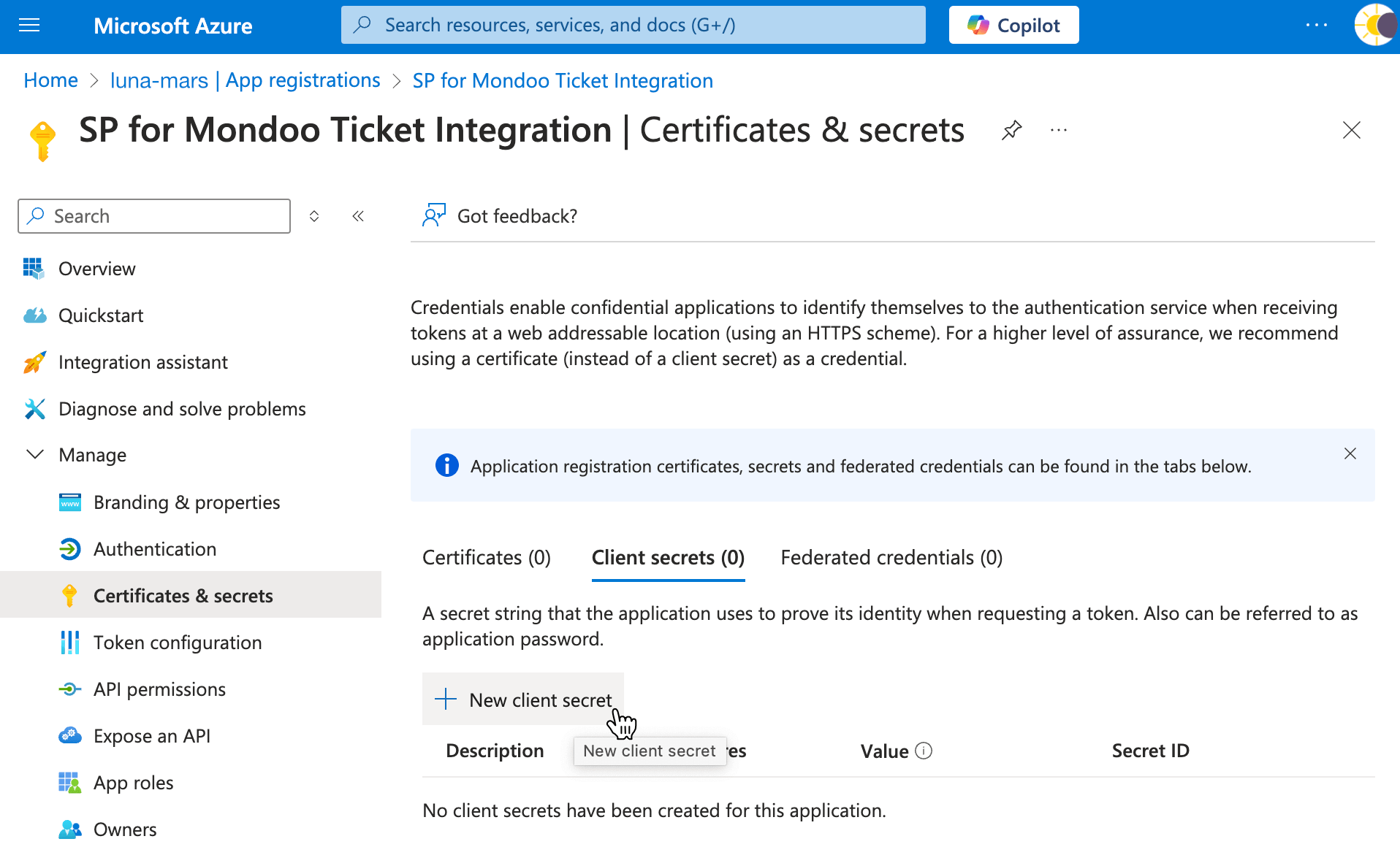 New app registration secret in Azure