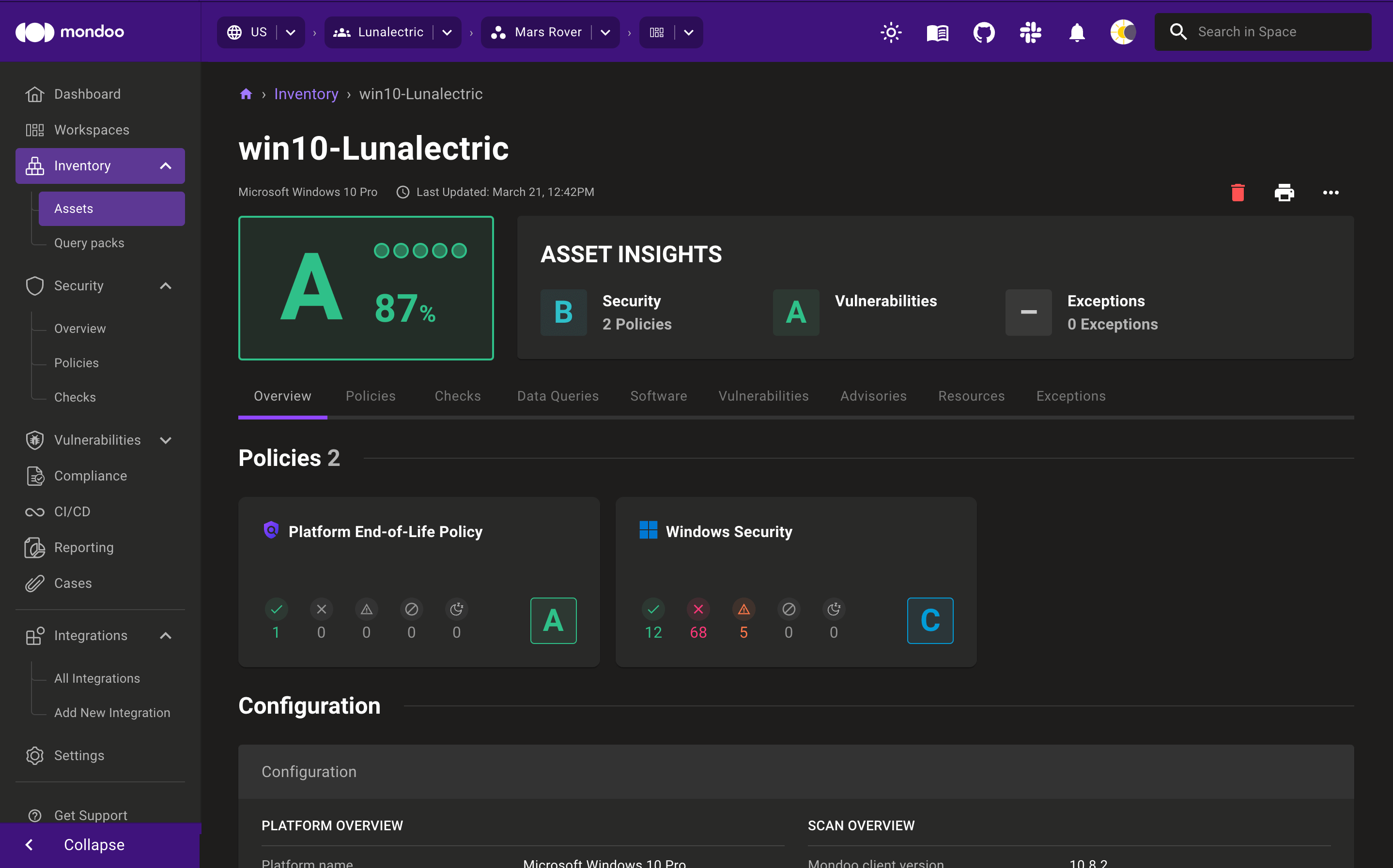 Mondoo scan results of an asset from an Ansible inventory