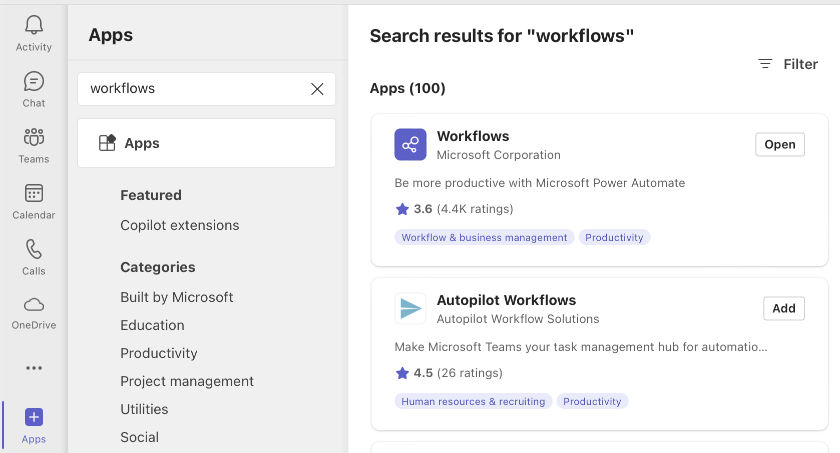 Find the Workflows app in Microsoft Teams