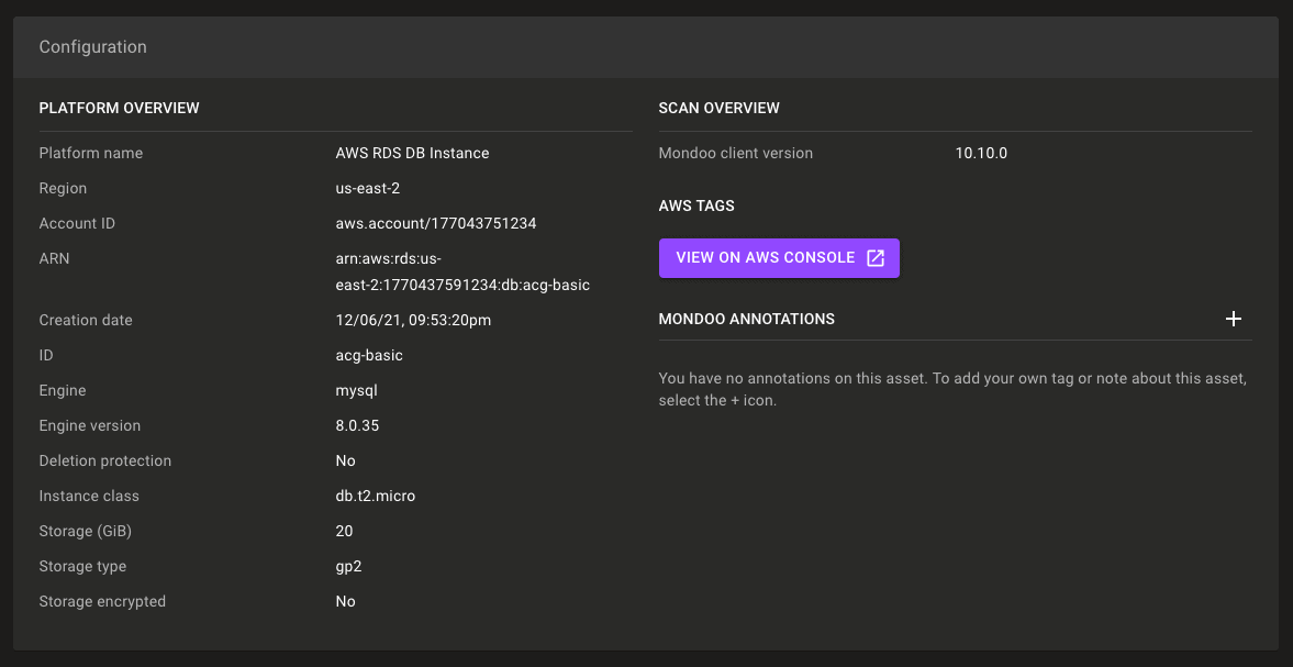 RDS instance with expanded asset overview