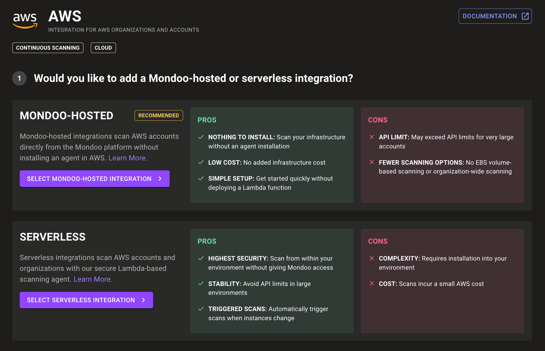 AWS Integration Setup Screen