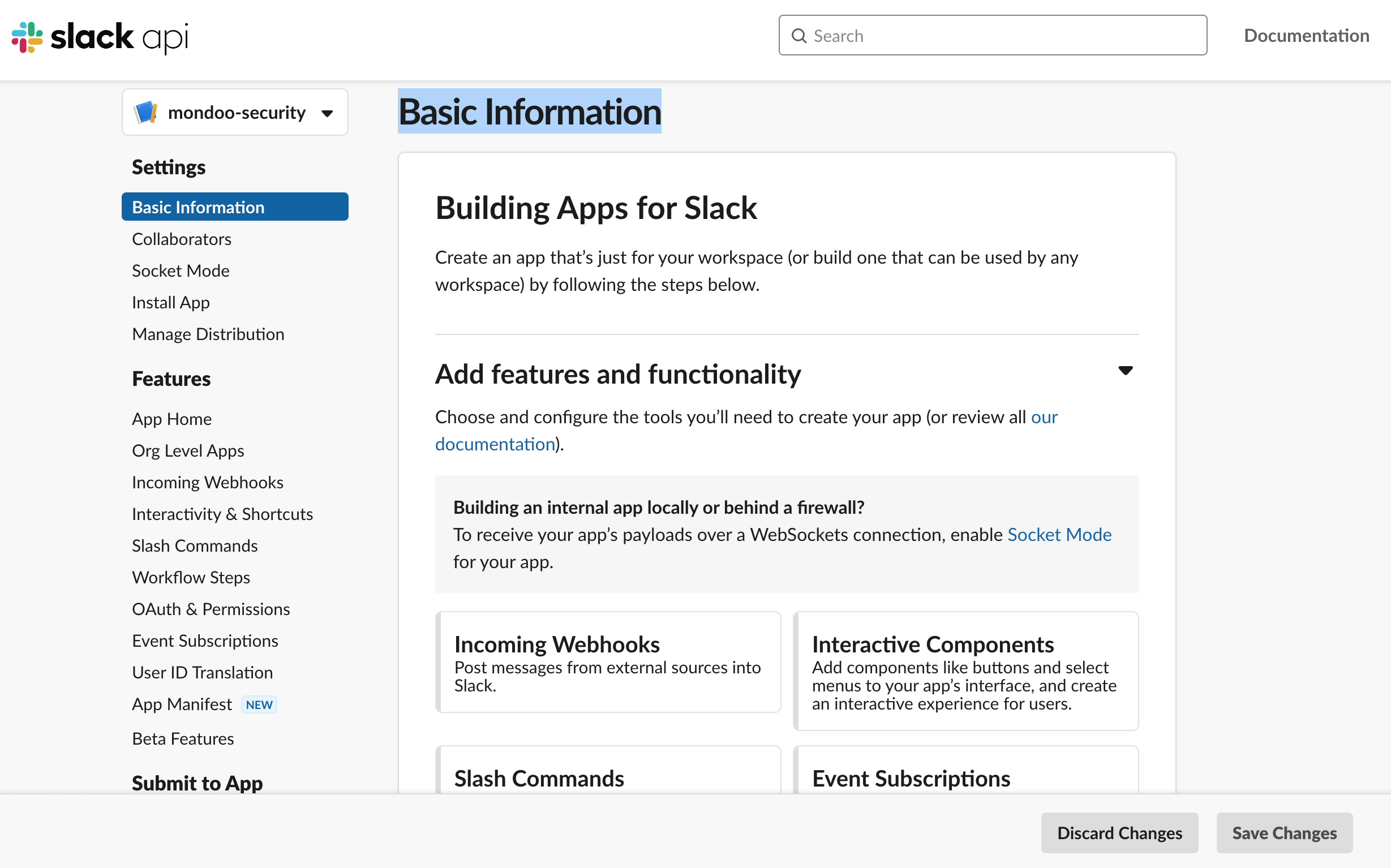 Slack app settings - Basic Information page