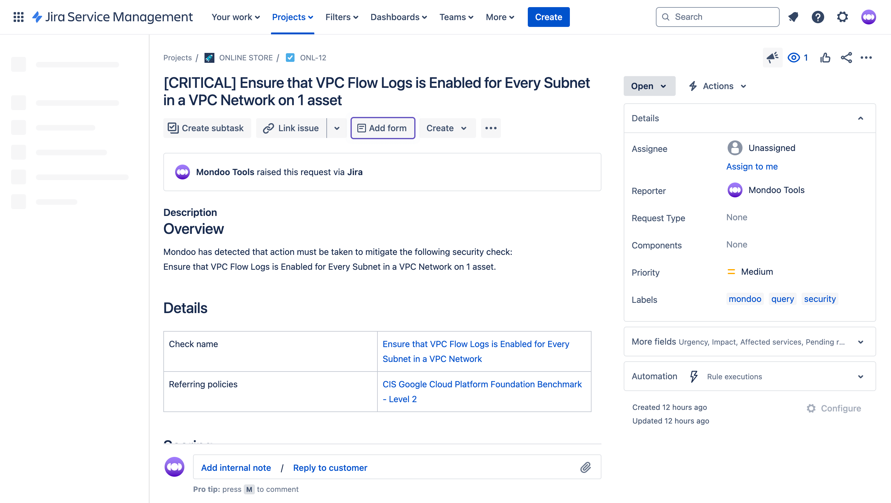 A Jira ticket created by Mondoo