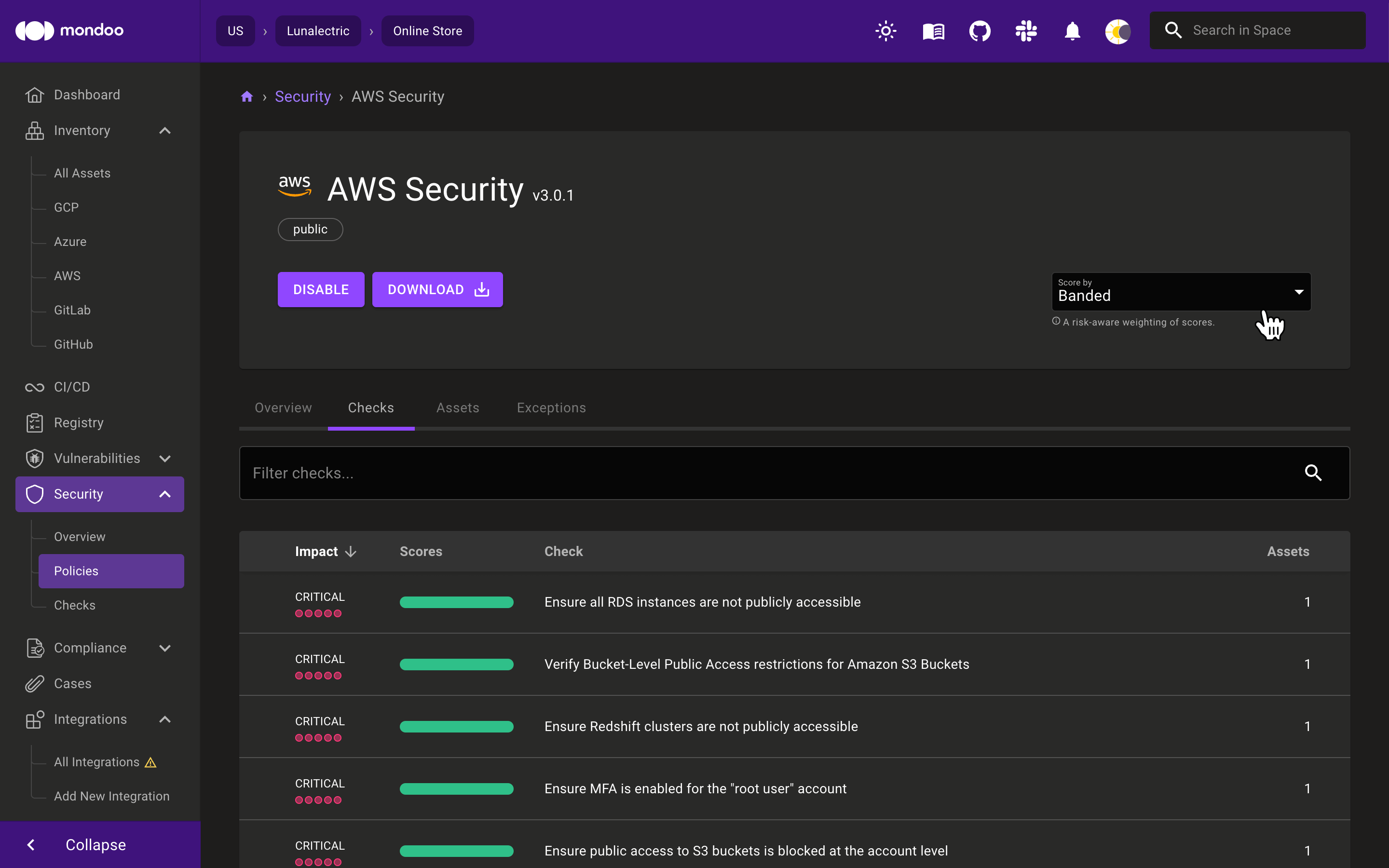 Change a policy&#39;s scoring system in the Mondoo Console