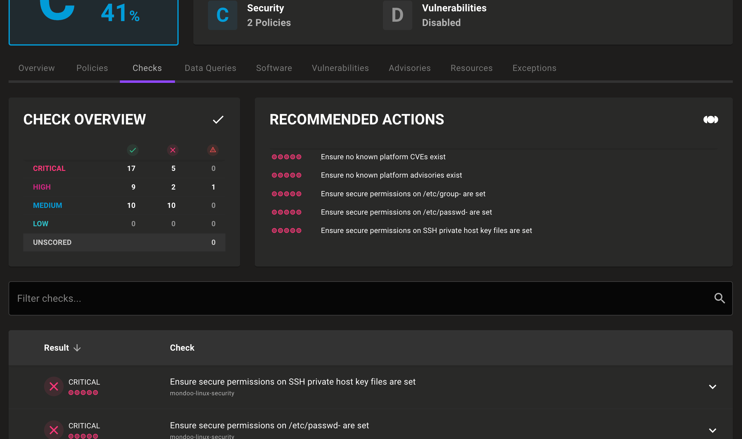 Checks tab in a Mondoo scan report from HashiCorp Packer build