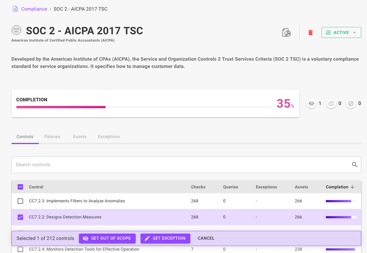 Compliance framework in the Mondoo Console with a control selected