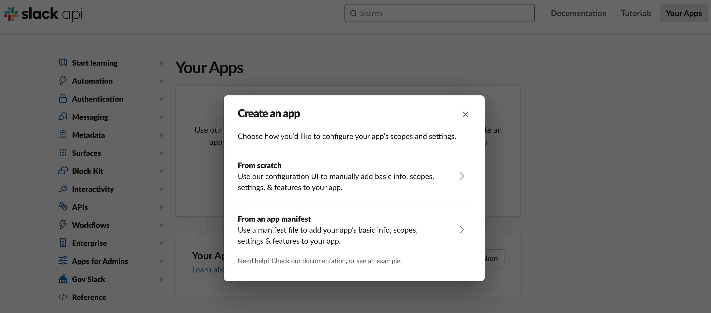 Slack Create an app dialog