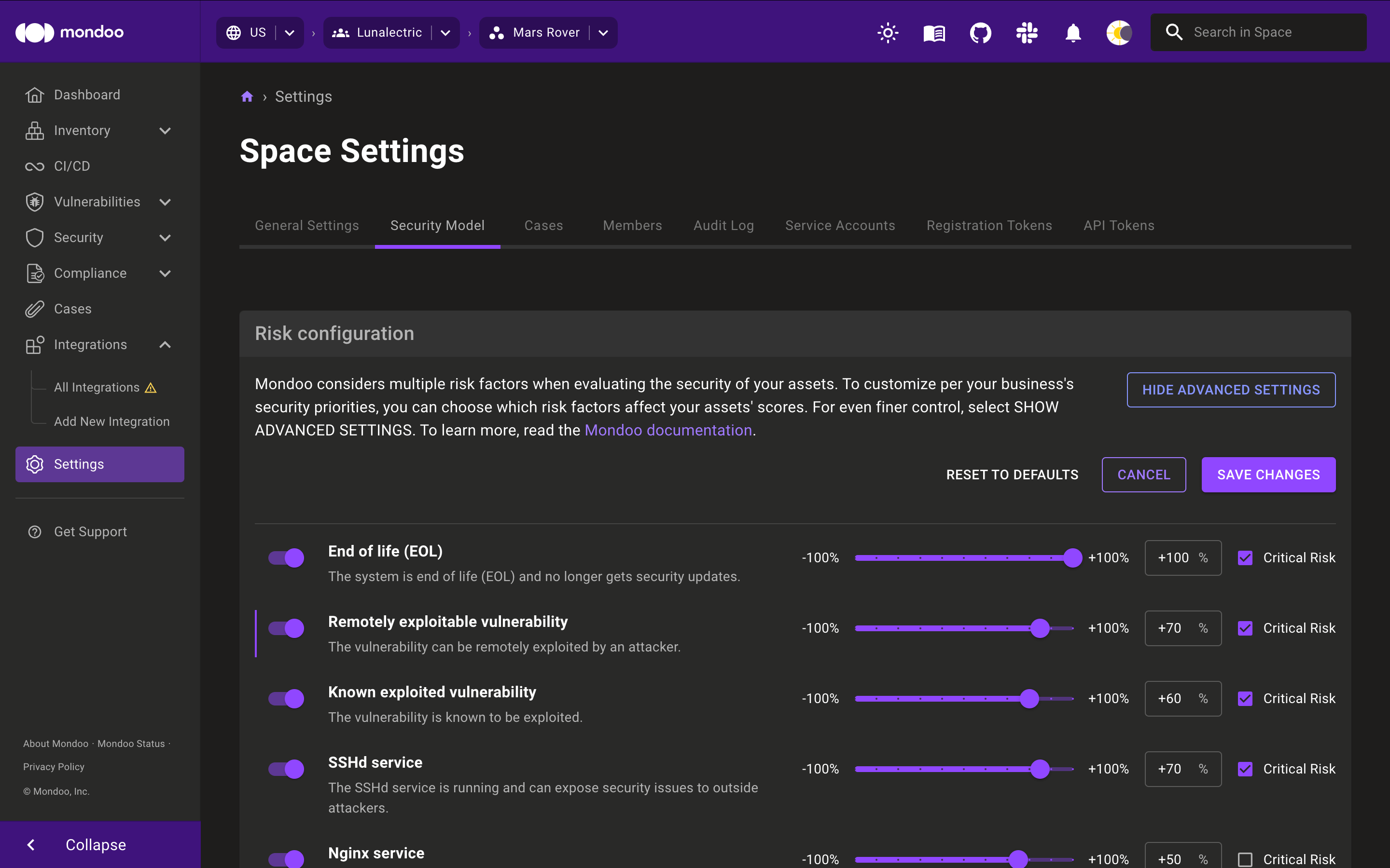 Customize how much risk factors affect asset scores in Mondoo