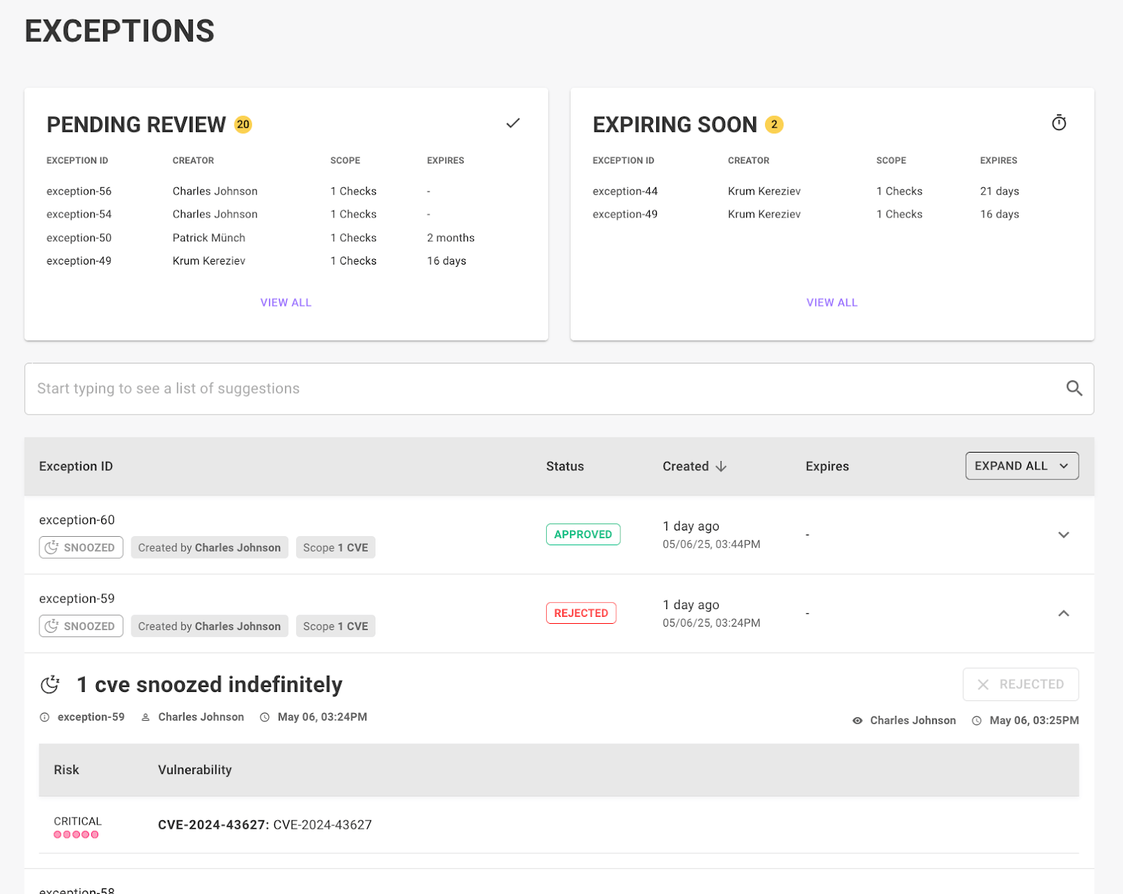 Exceptions page