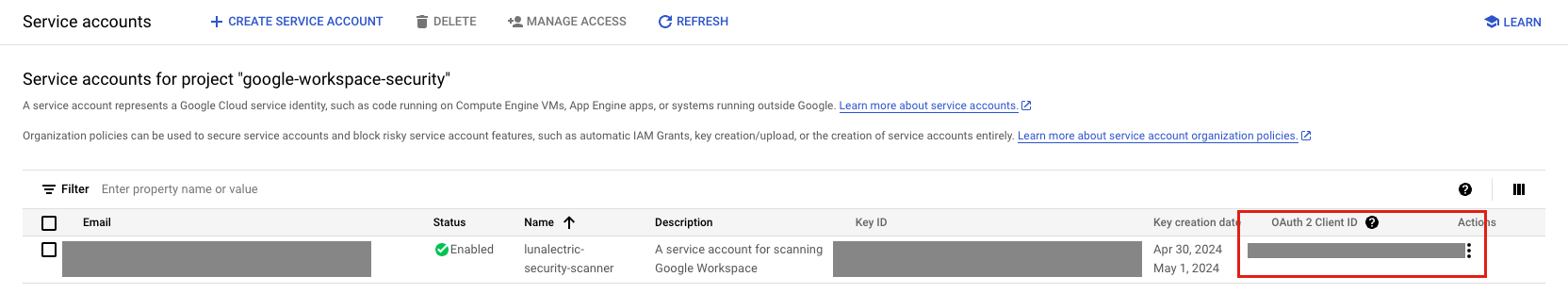 Google Service Account Client ID