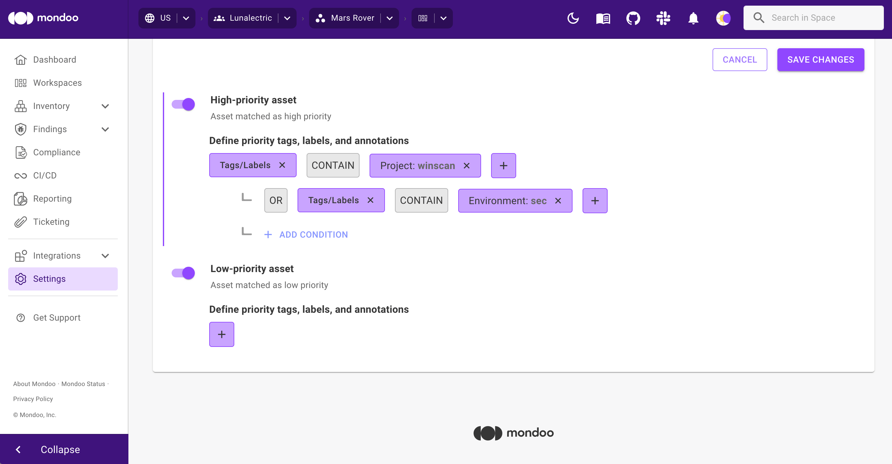 Define assets as high or low priority based on metadata in Mondoo