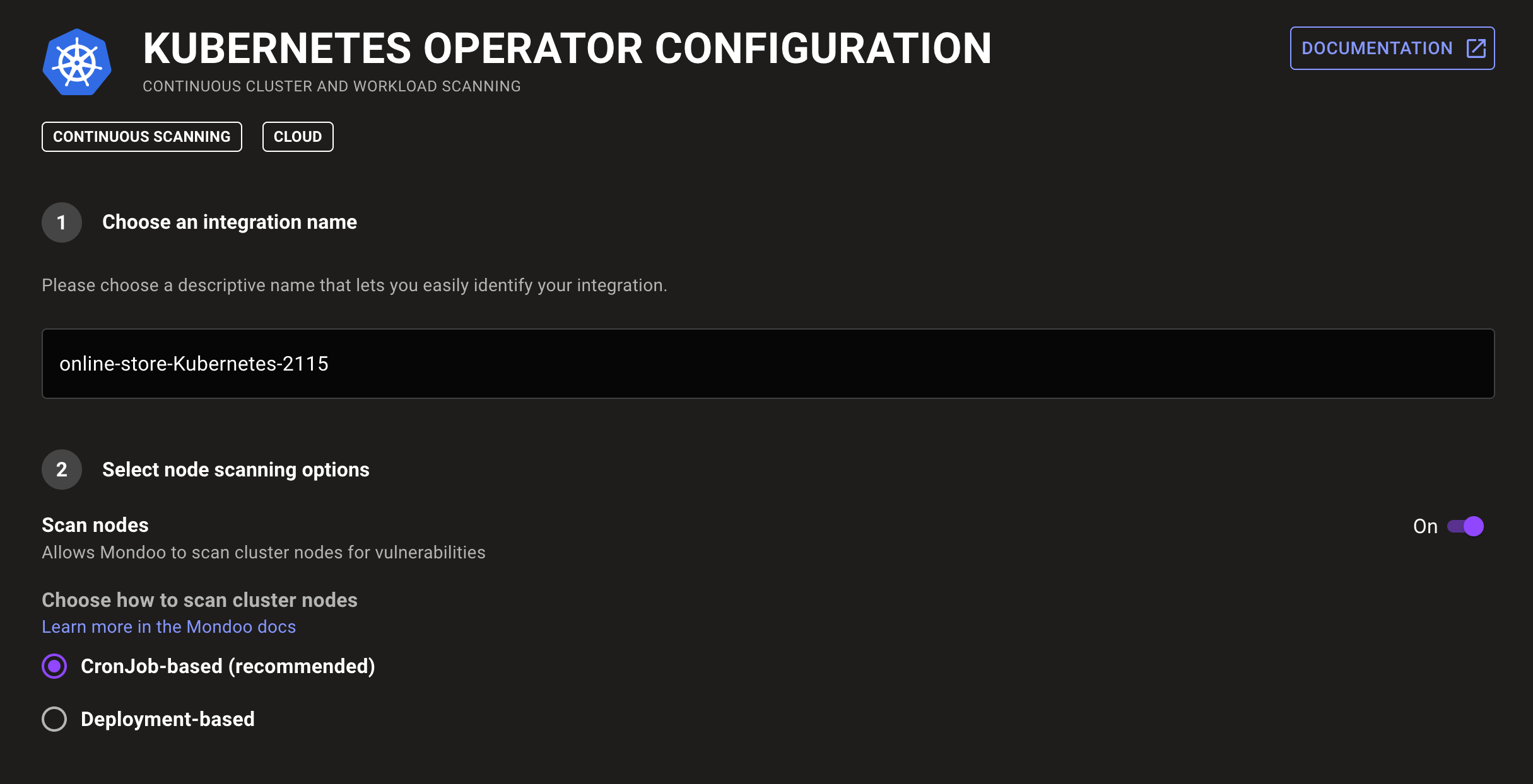 K8s integration setup page