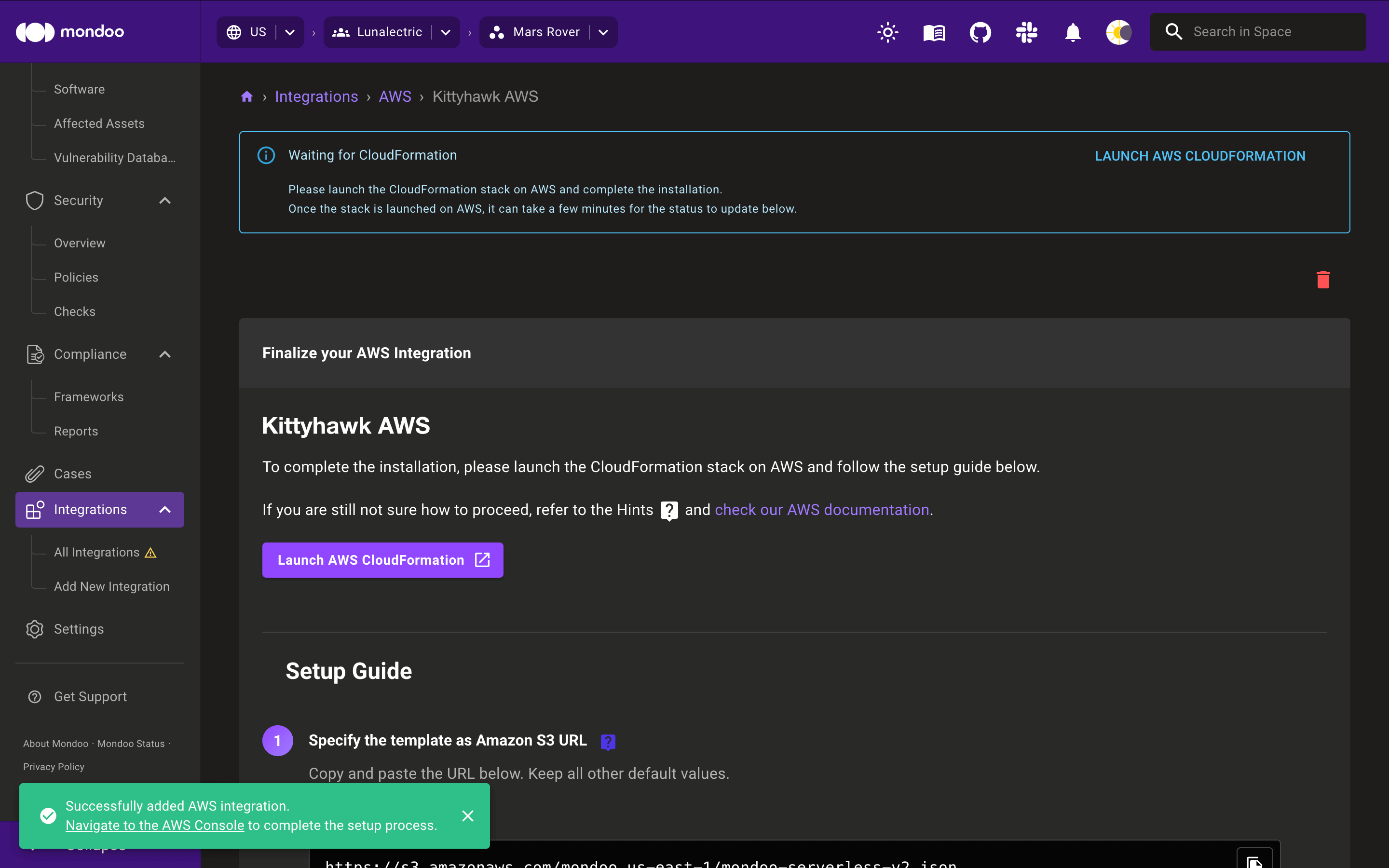 Create an AWS integration and launch CloudFormation