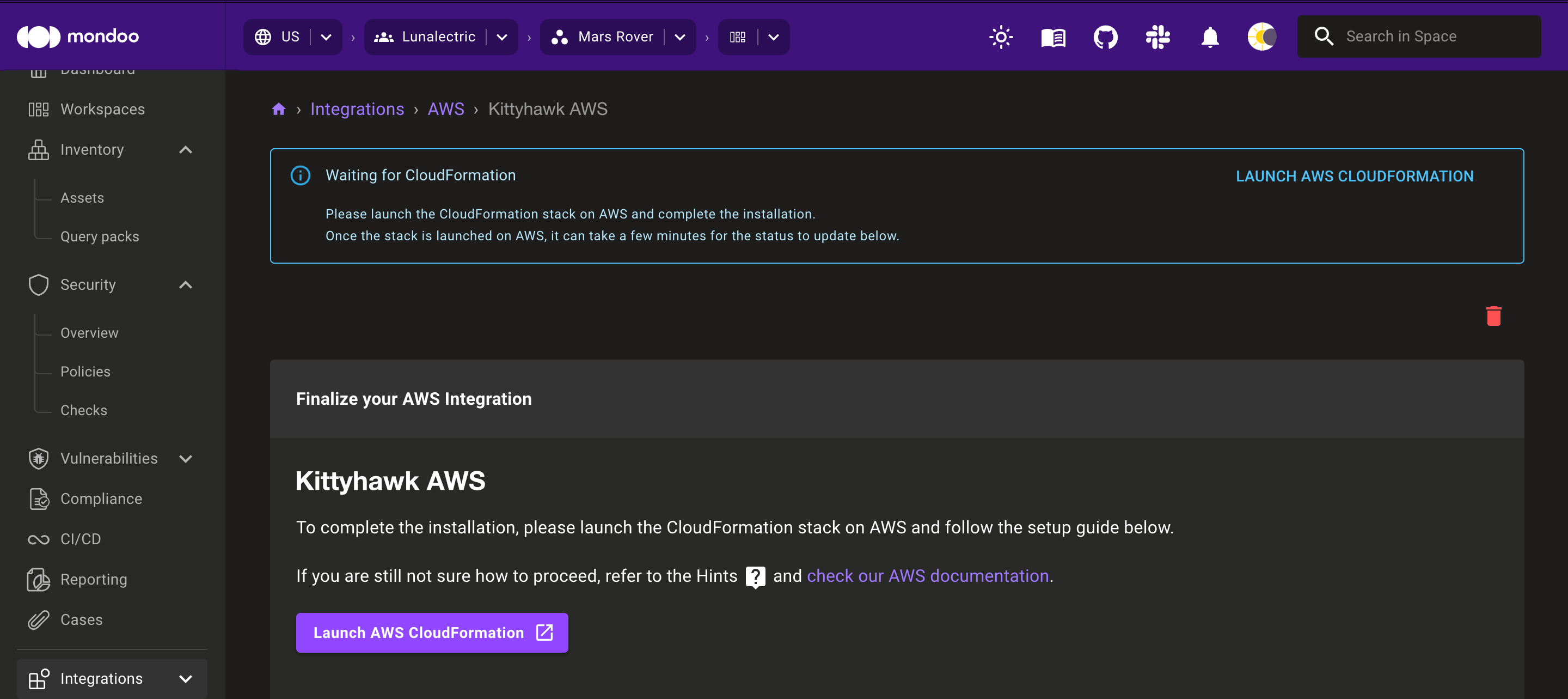 Create an AWS integration and launch CloudFormation