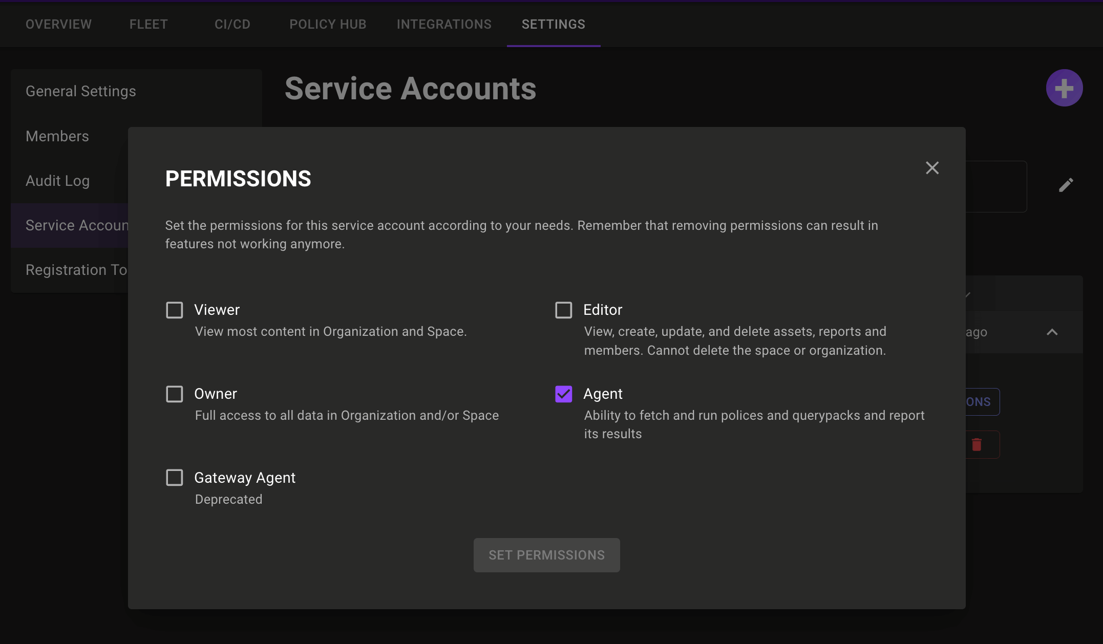 Permissions selection modal