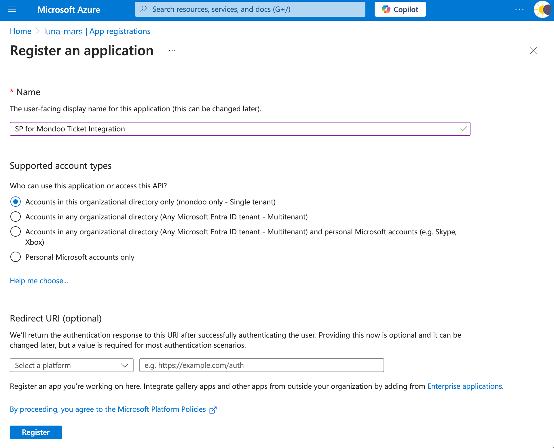 New app registration in Azure