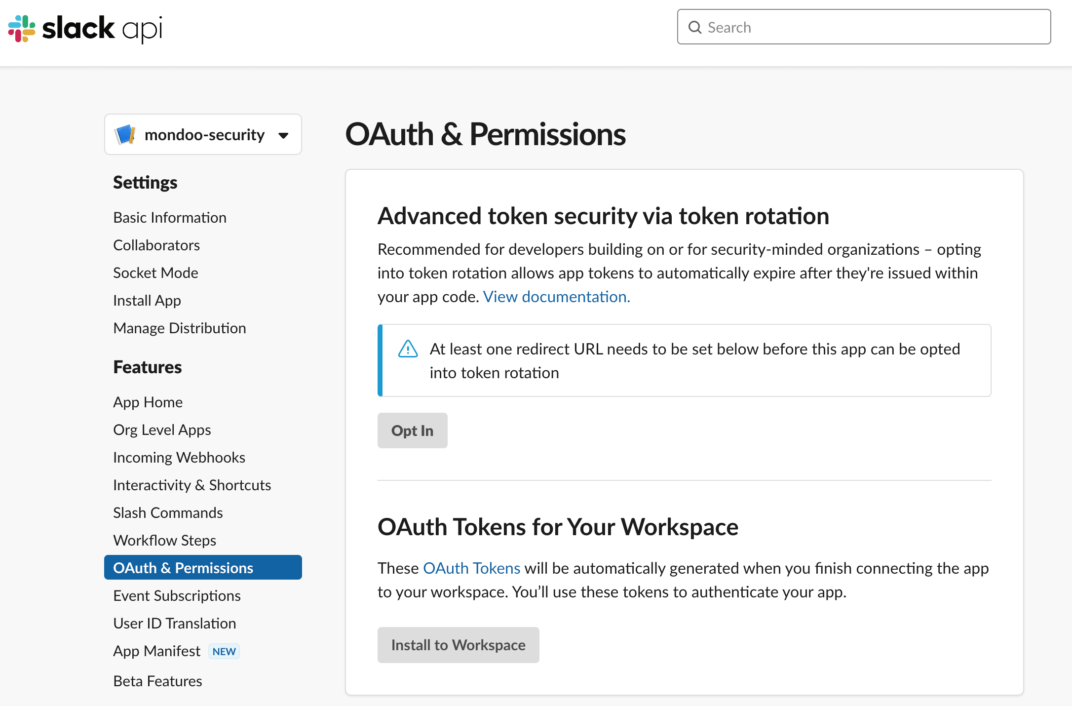 Slack app settings - OAuth and permissions page