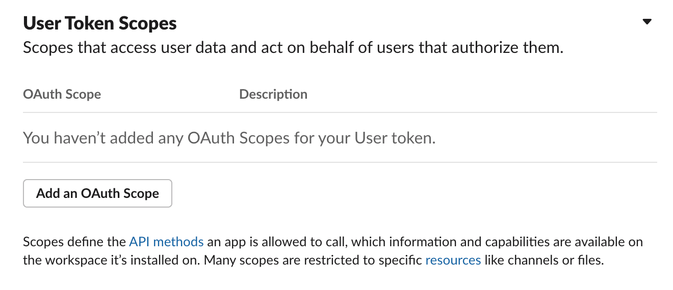 Slack app settings - user token scopes