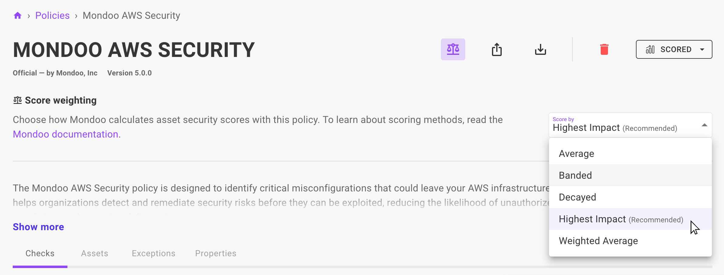 Change a policy&#39;s scoring system in the Mondoo Console