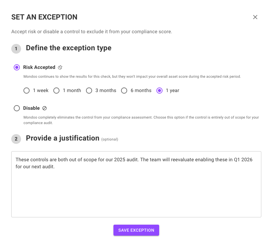 Mondoo compliance - set an exception