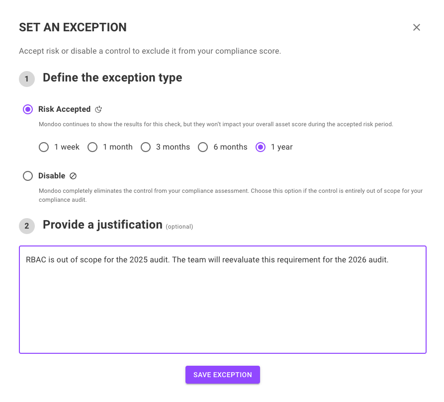 Mondoo compliance - set an exception