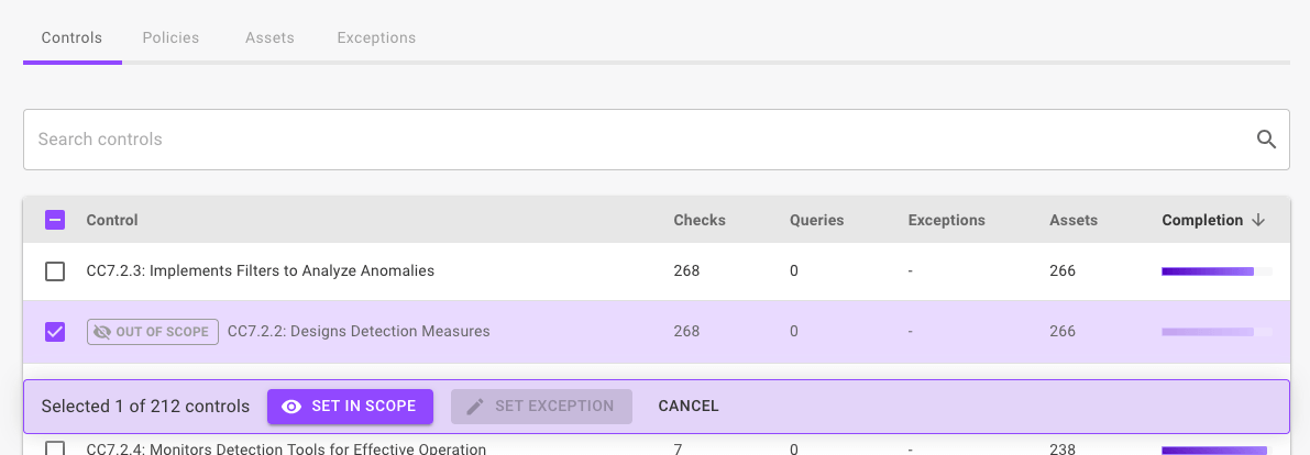 Compliance framework in the Mondoo Console with an out-of-scope control selected