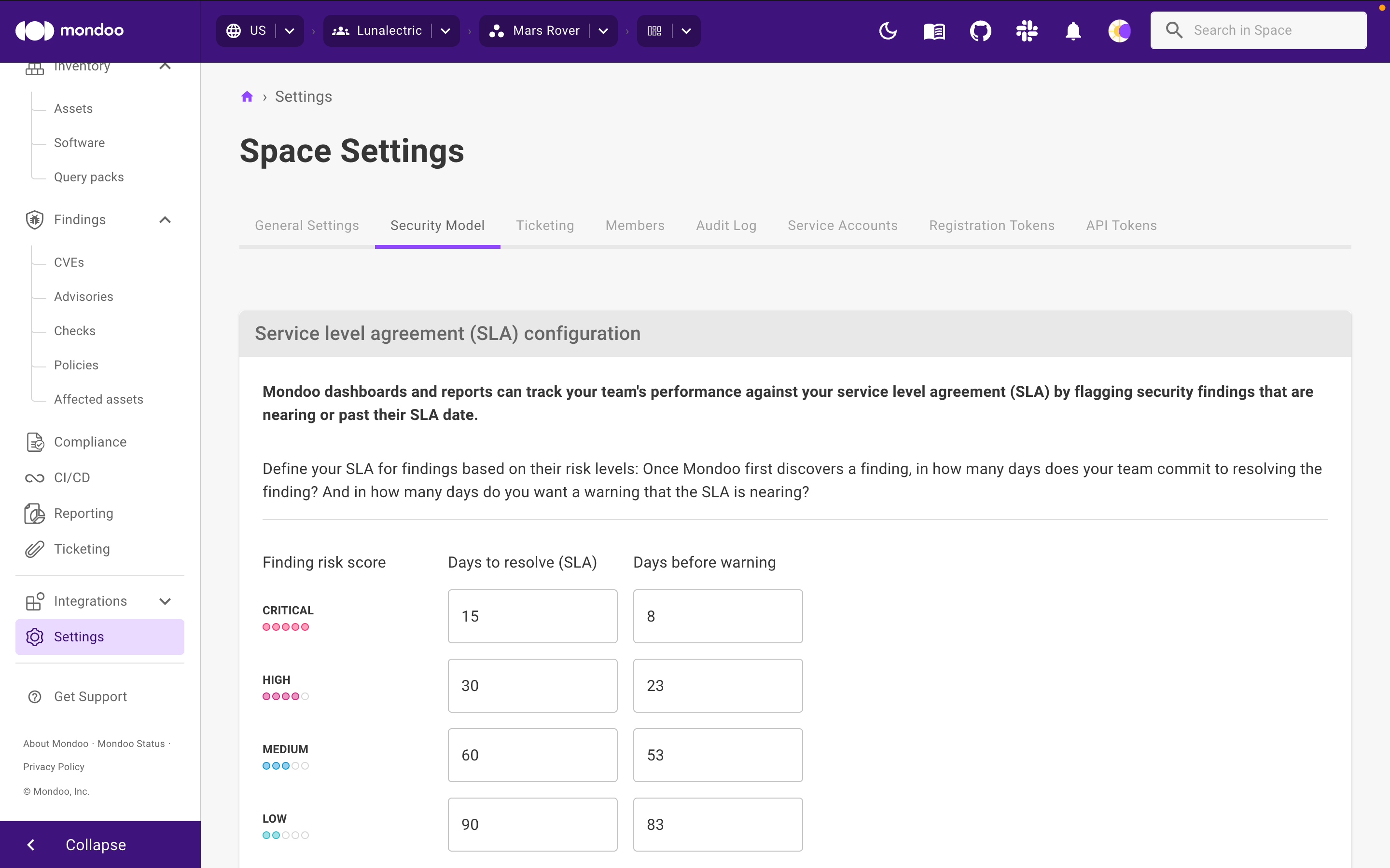 SLA configuration in Mondoo