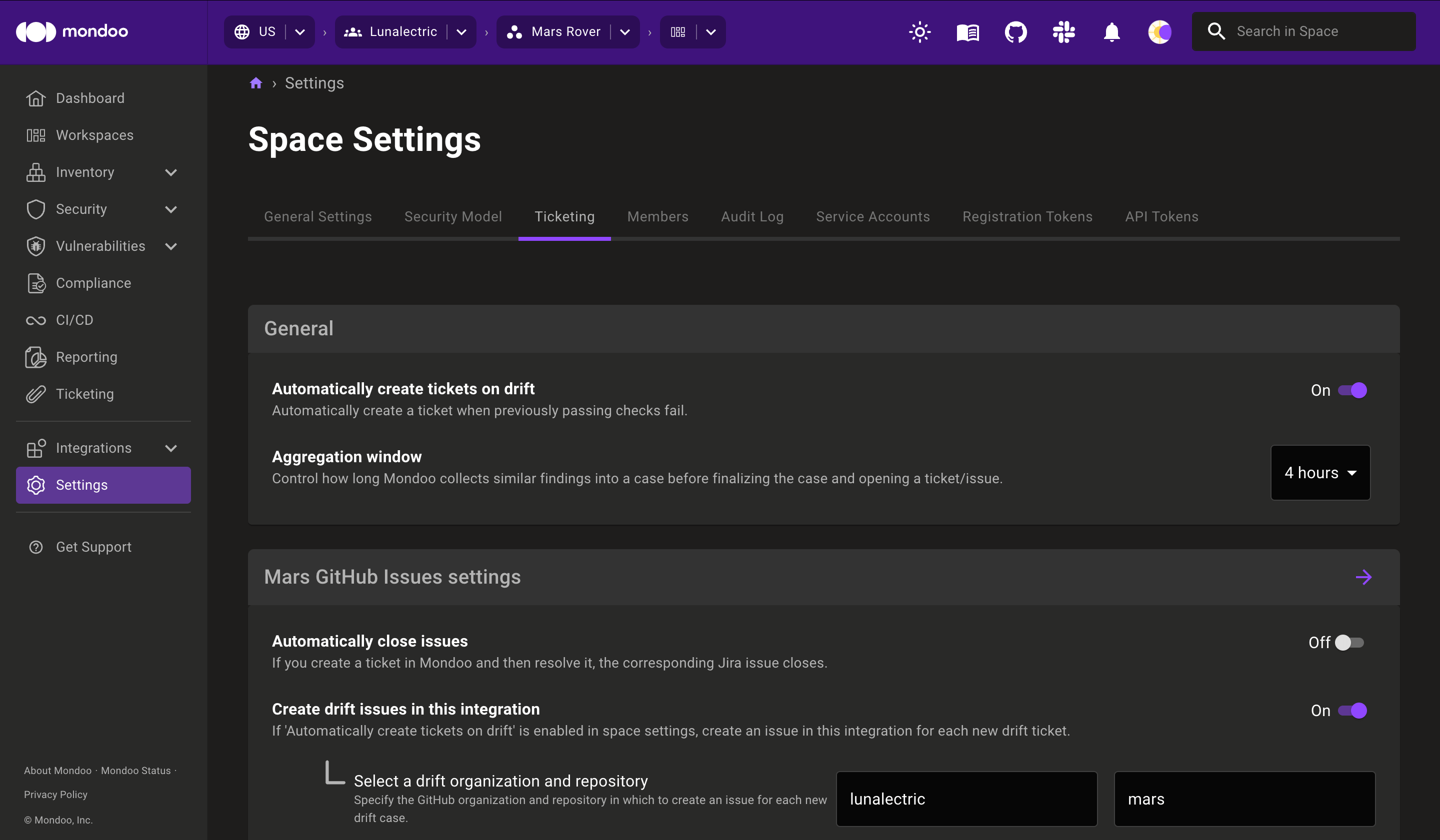 Ticketing space settings in Mondoo