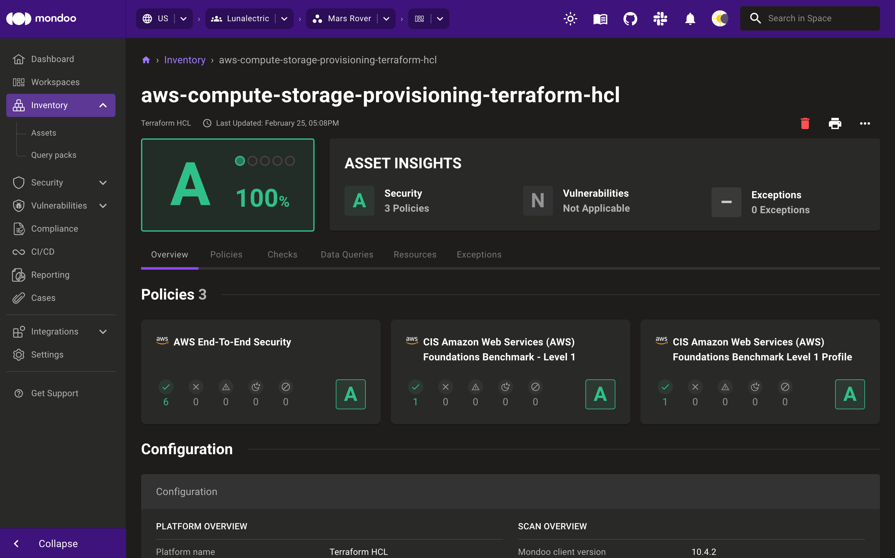 Terraform Scan Report in Mondoo UI