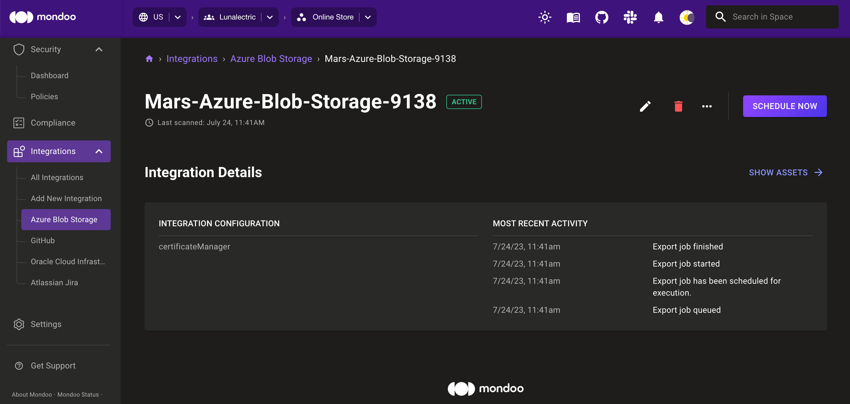 View an Azure Blob Storage integration