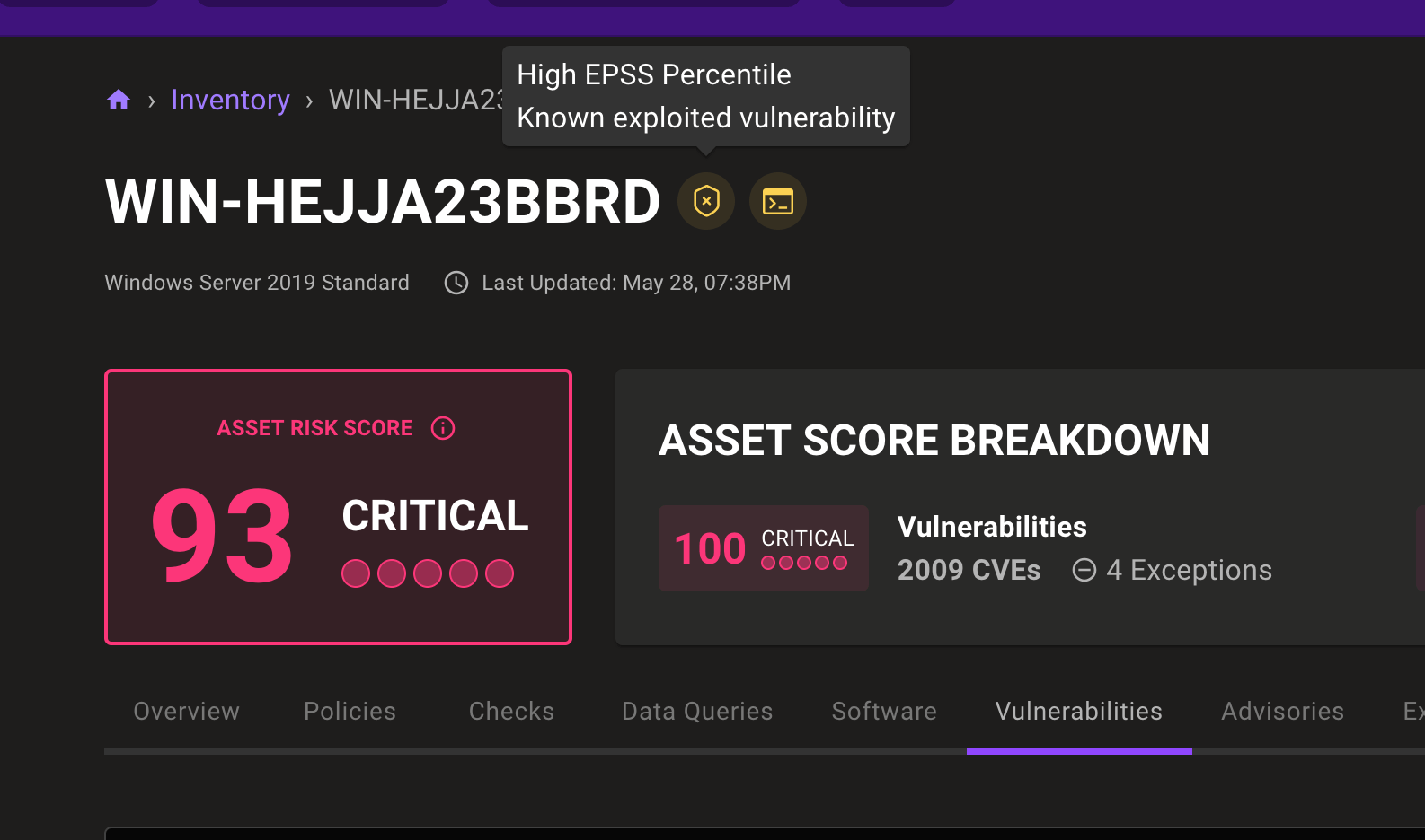 High EPSS percentile risk factor
