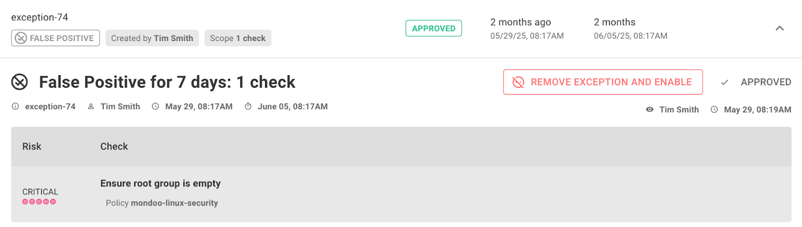 Removing an exception from Mondoo